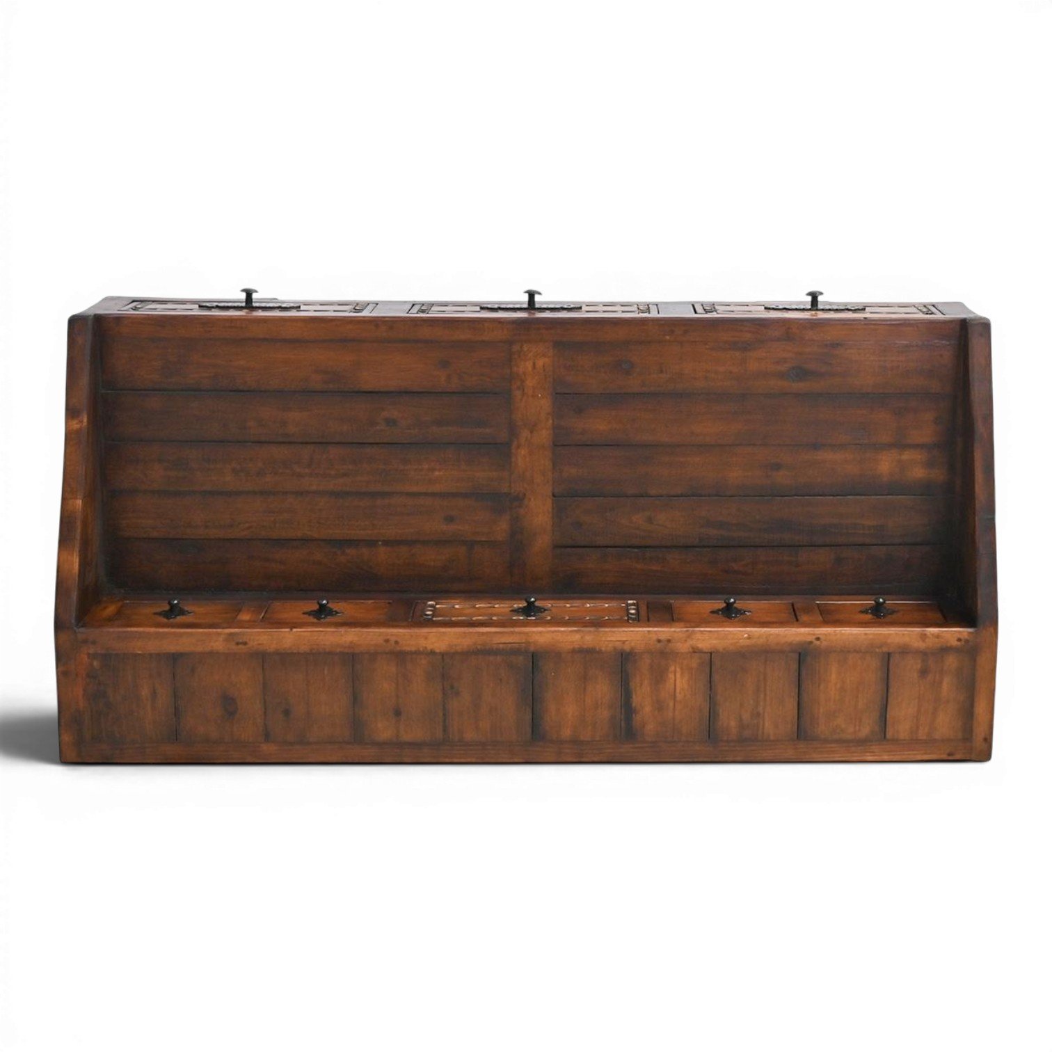 Handmade Mexican Las Carreras dark stained desk with hand-carved details, iron hardware, and multiple drawers