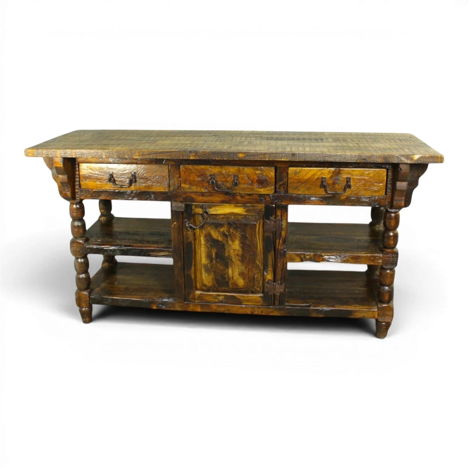 Handmade Mexican reclaimed wood kitchen island with turned legs and hacienda design