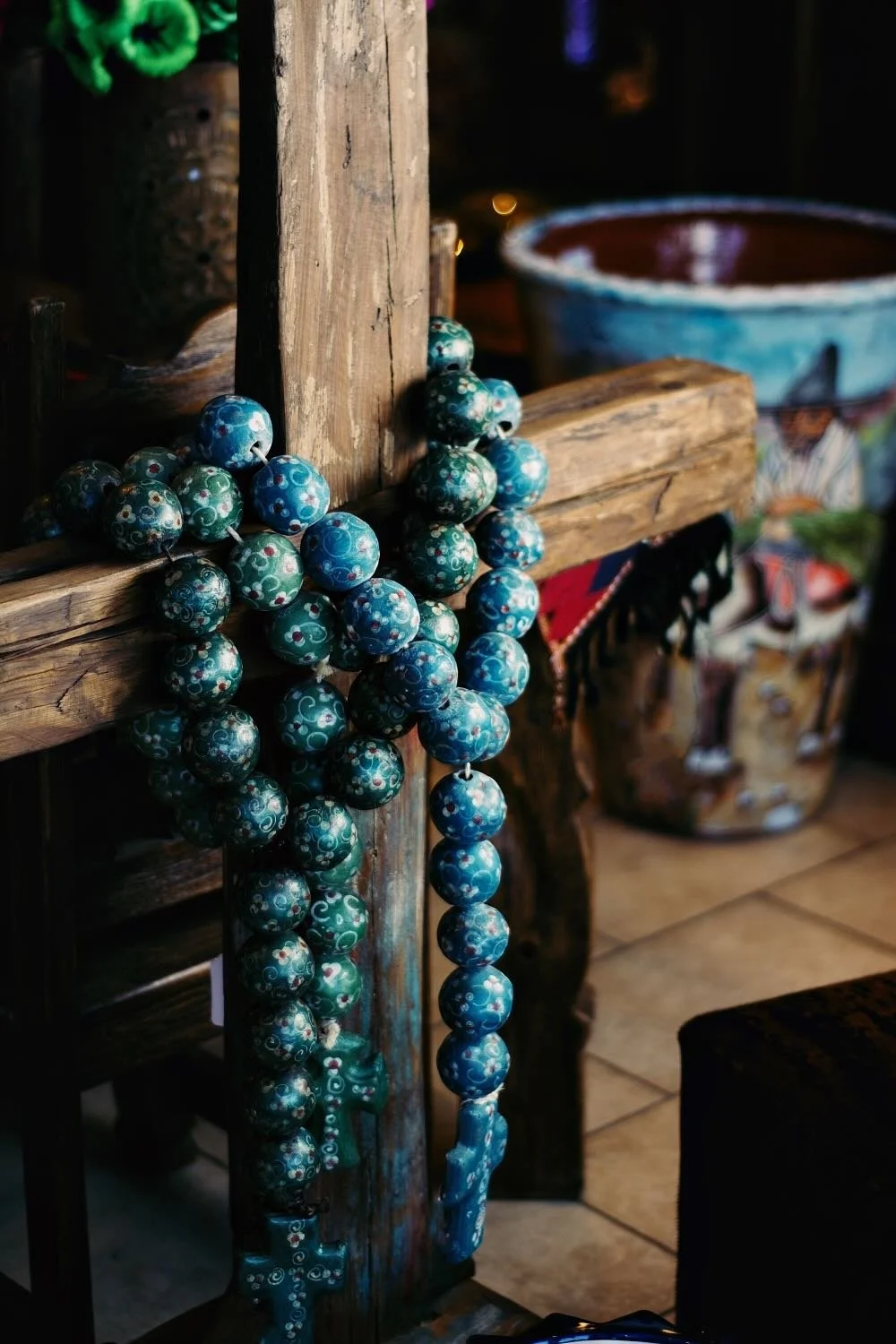 Large hand carved cross with large clay rosary beads from Mexico.