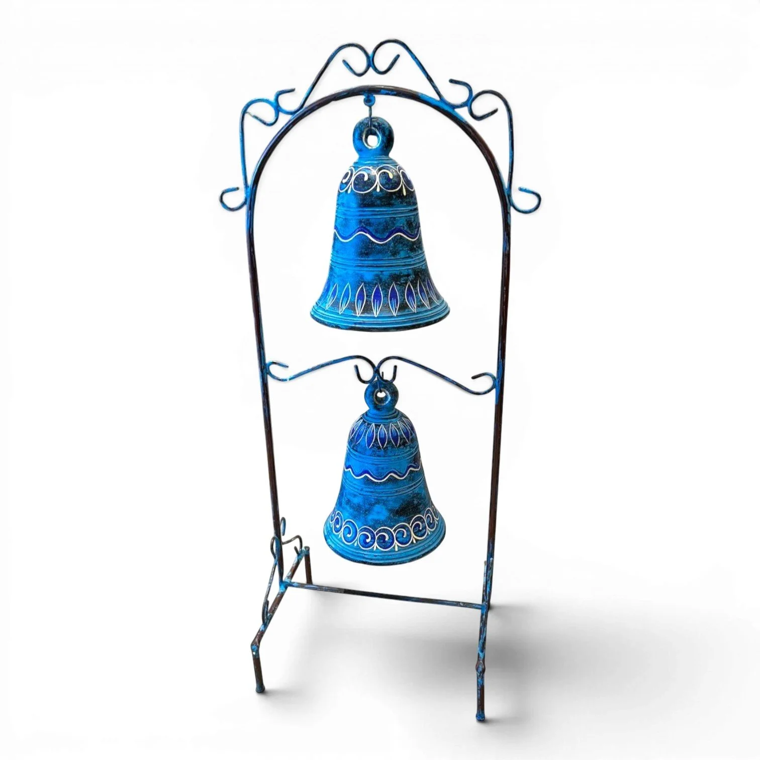 Handmade Mexican blue clay double bell on rustic metal stand
