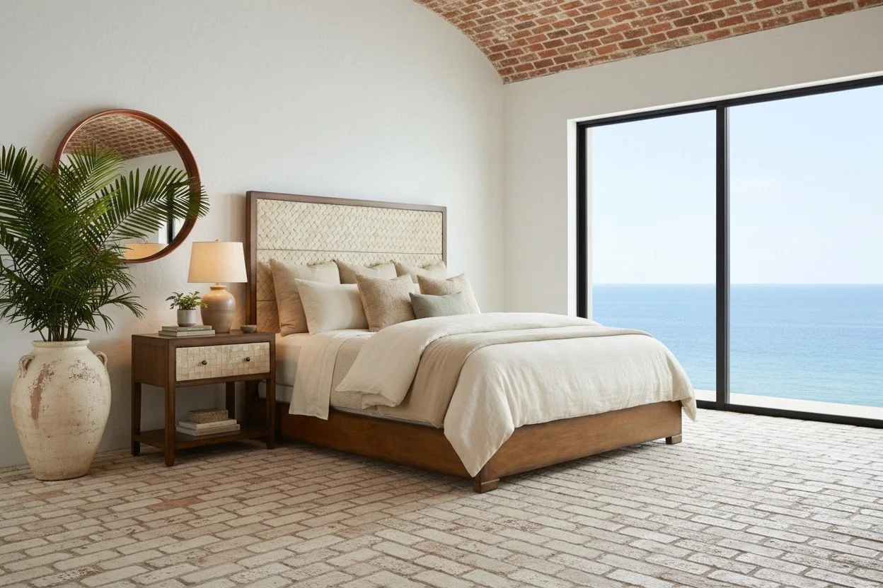 Handmade bed with hand-woven leather headboard framed in solid wood