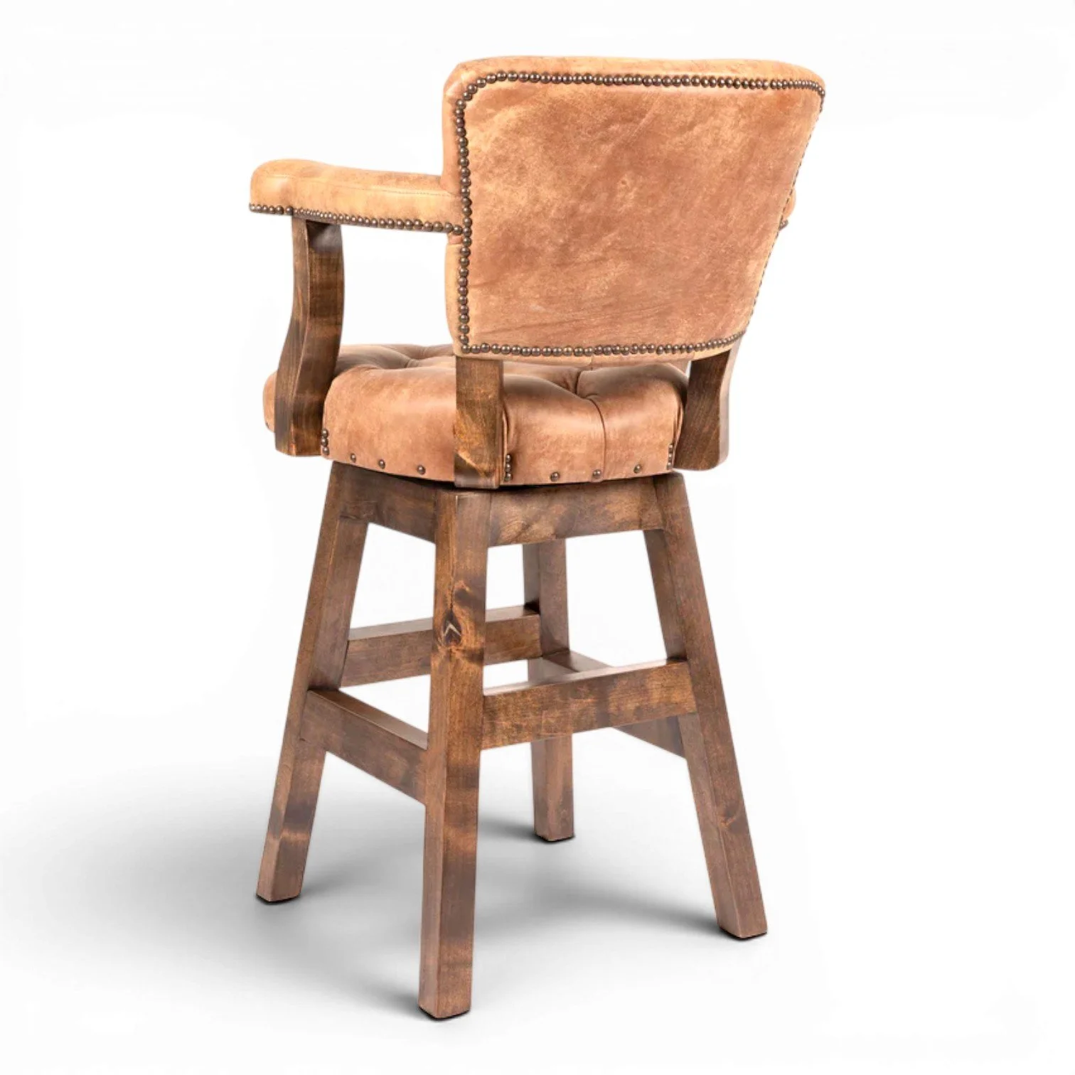 Sheridan Tan Western leather bar stool with top-grain leather upholstery, solid hardwood frame, and hand-applied nailhead trim.