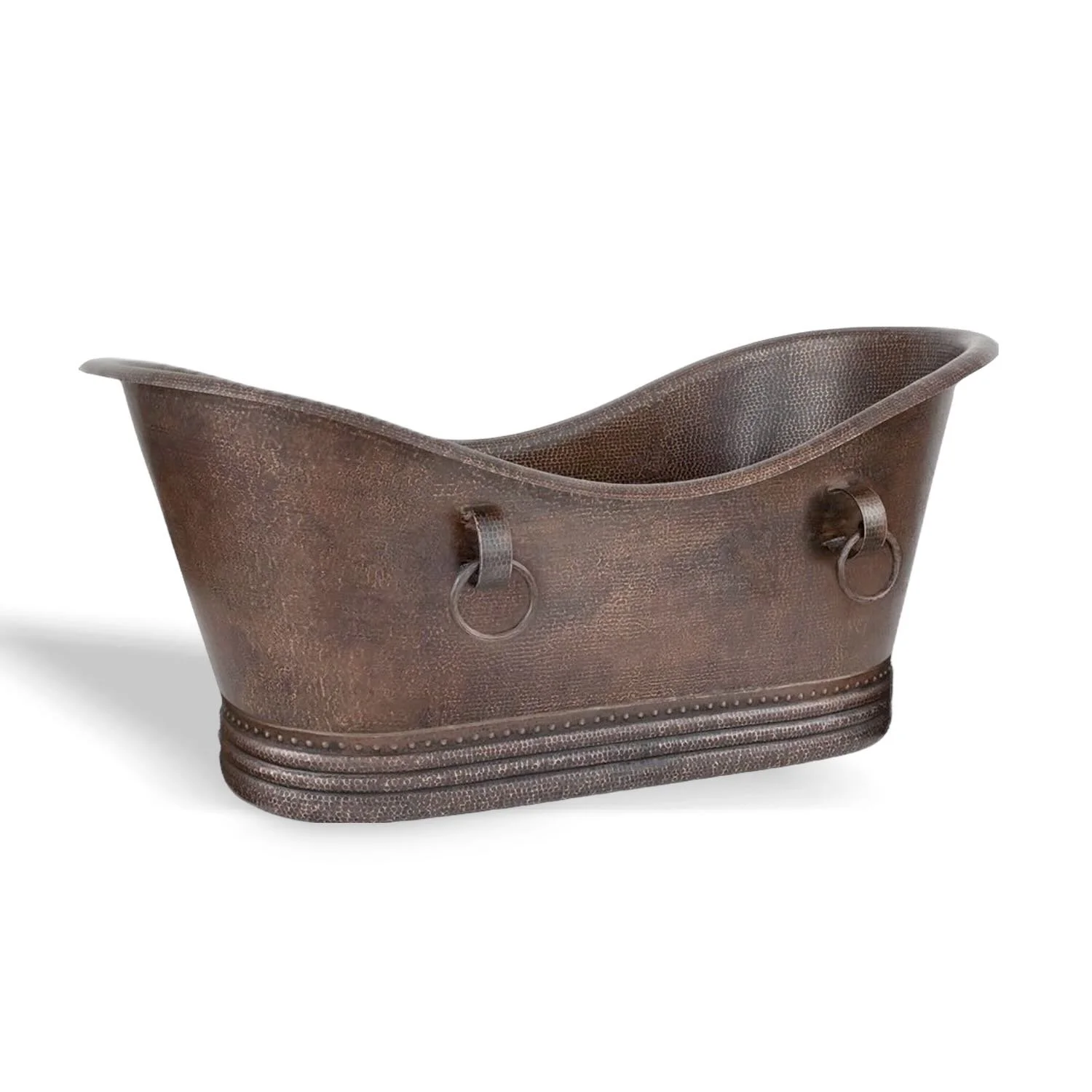 Handmade Hacienda 67-inch hammered copper double slipper bathtub with decorative copper ring accents crafted in Mexico.