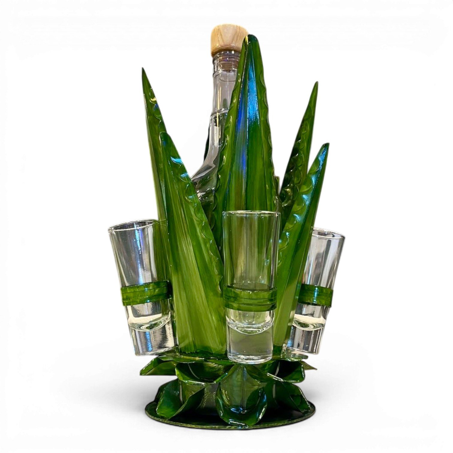 Medium handmade Mexican metal agave tequila set with lime green holder, tequila bottle, and four shot glasses