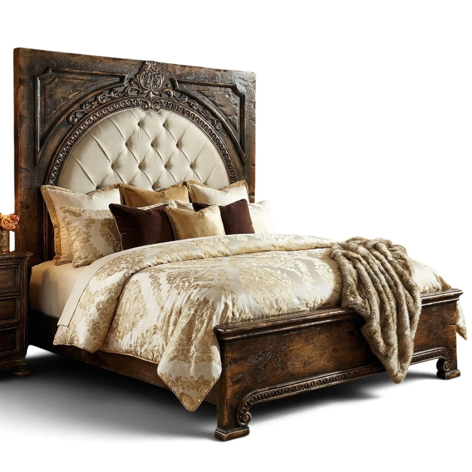 Carved wood king bed with sand fabric tufted headboard in Santander finish