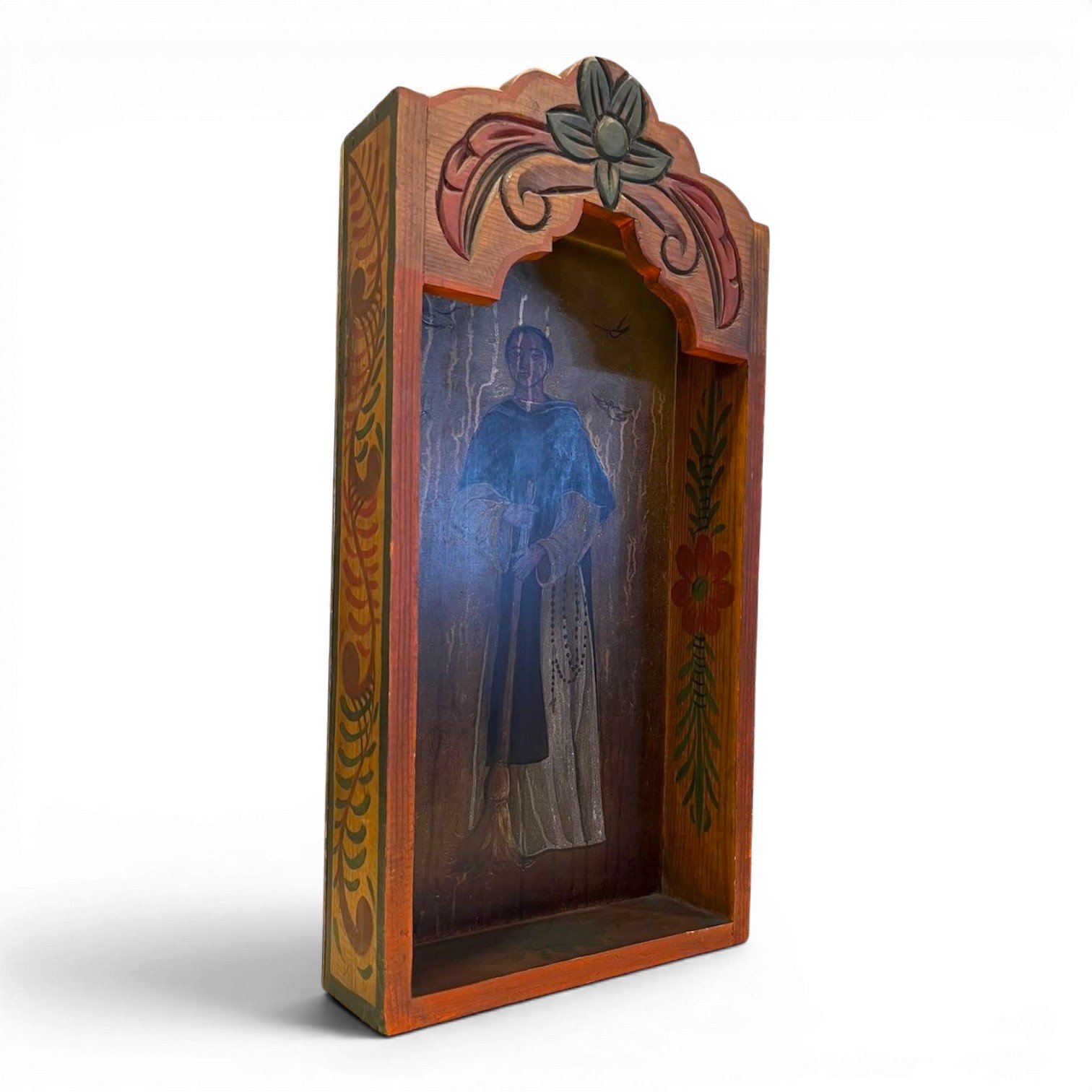 Handmade Mexican Retablo Shadow Box featuring hand-painted religious imagery, hand-carved wood details, and rich dark finish.