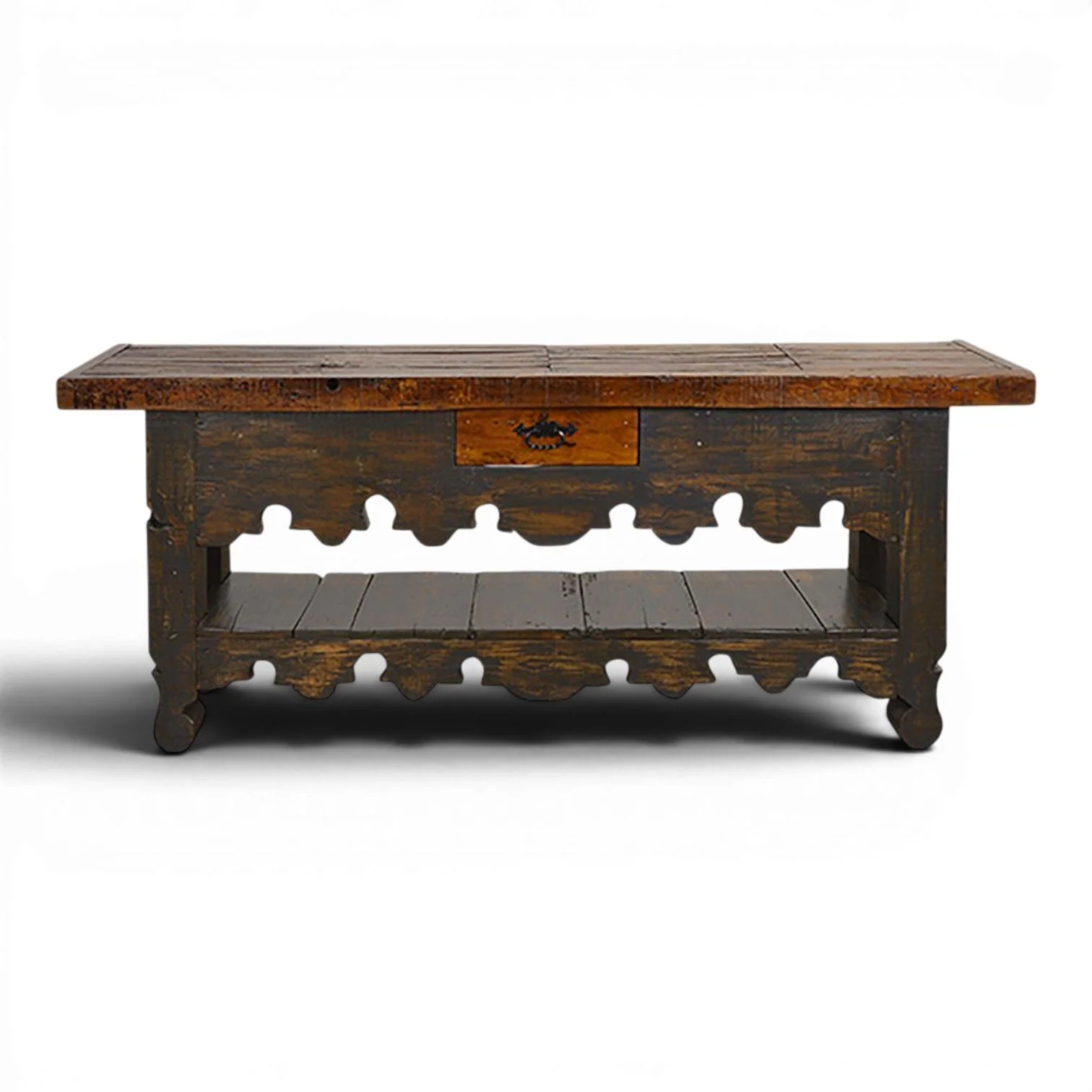 Handmade Mexican Rio Grande console table with distressed black finish, hand-carved details, iron hardware, and open shelf