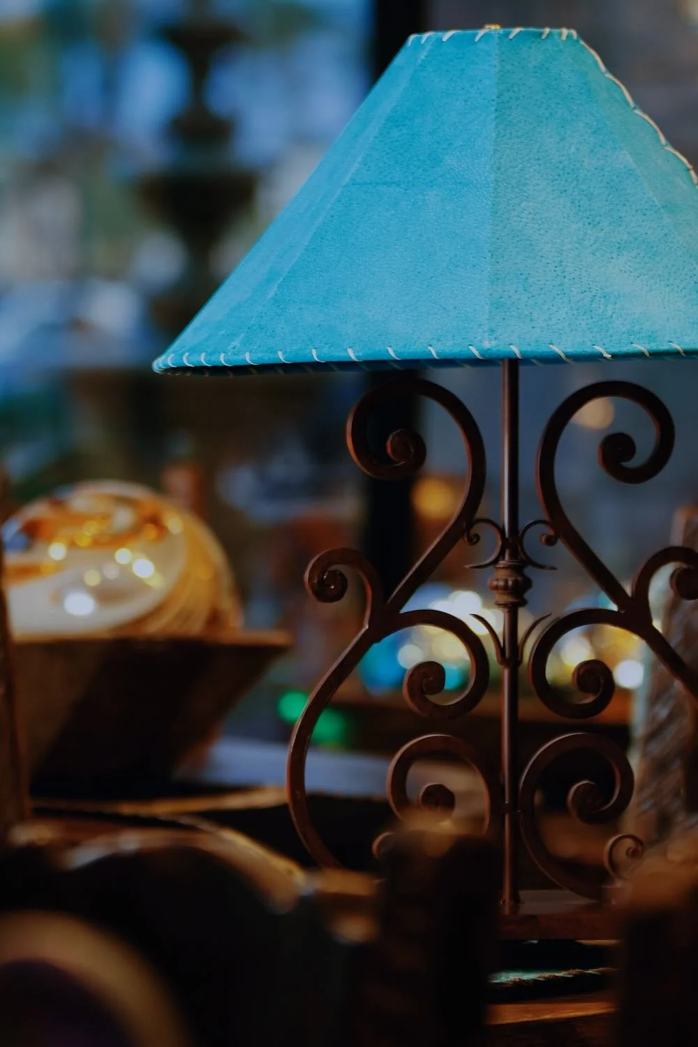 Turquoise Pigskin Lampshade and Iron Lamp from Mexico