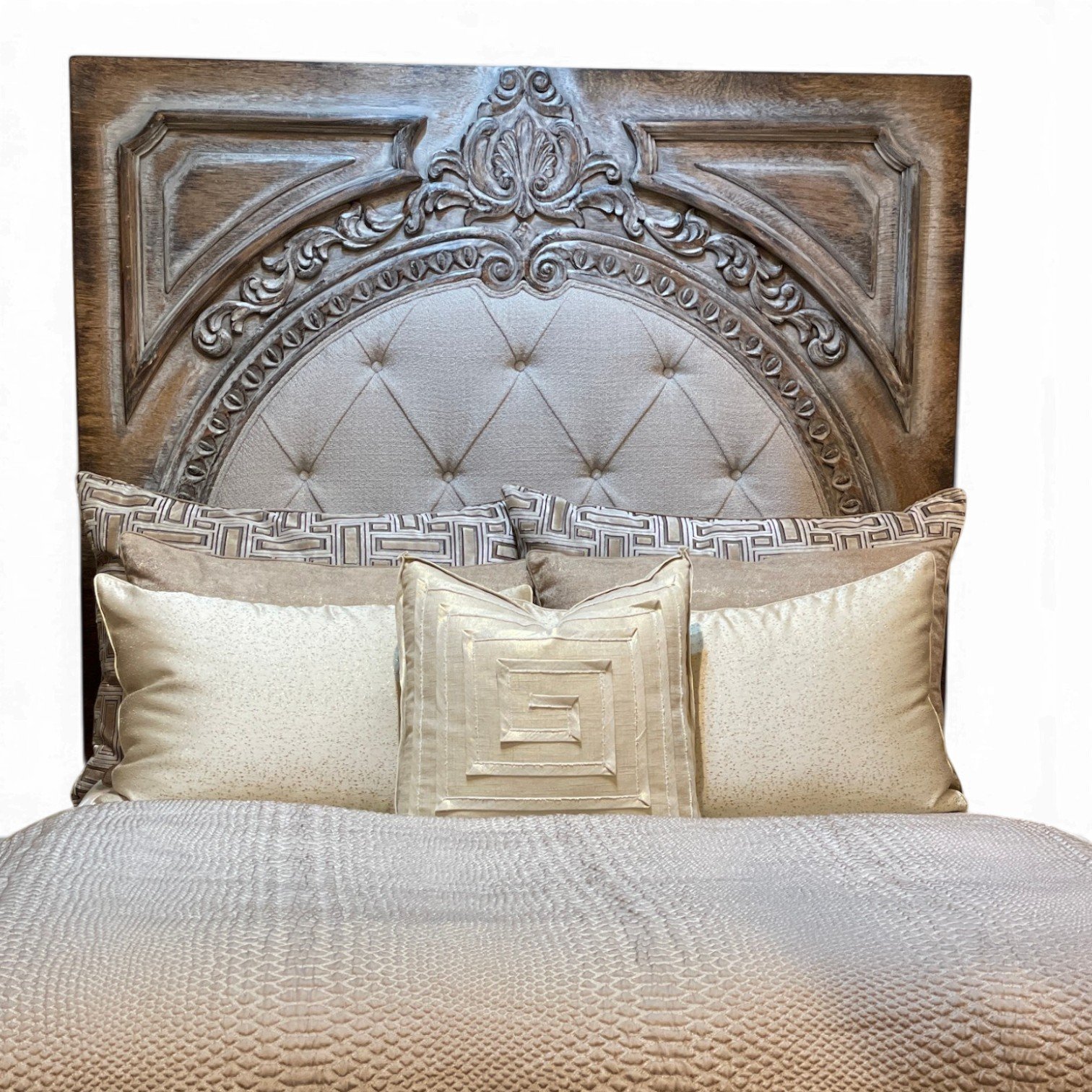 Handmade whitewashed king bed with button-tufted upholstered headboard