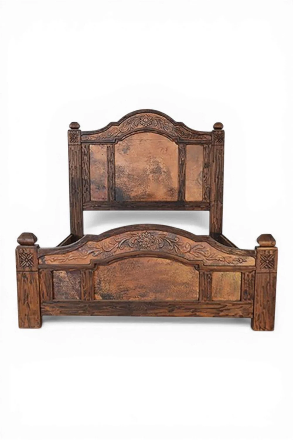 Shop a handmade copper bed from Mexico. Rustic wood frame with embossed copper panels and artisan craftsmanship for elegant bedrooms.
