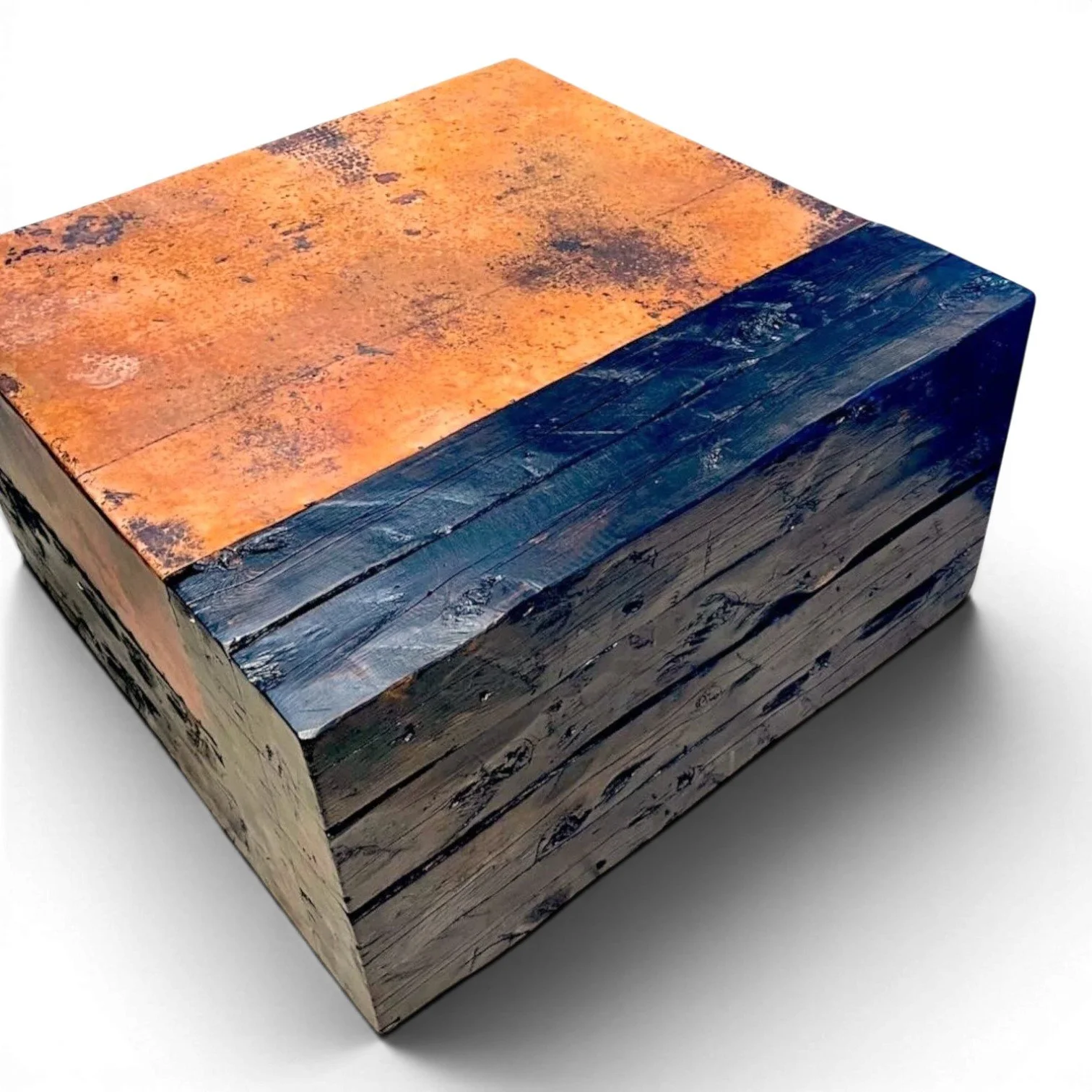 Handmade Mexican coffee table with hand-pounded copper top and black wood base
