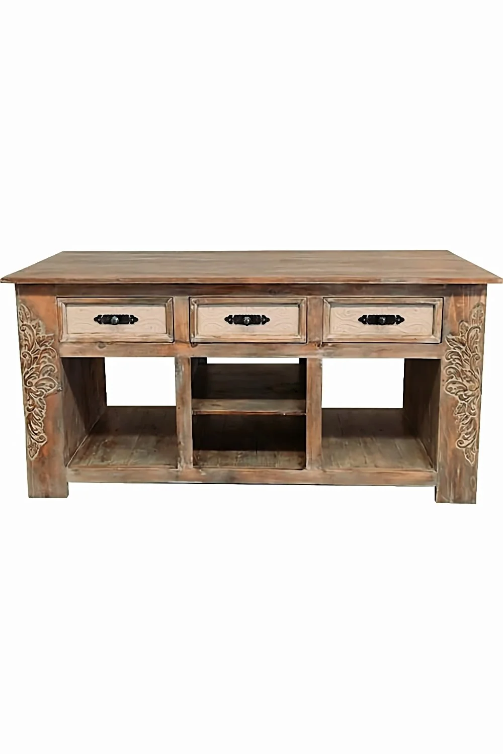 Shop the Salinas Kitchen Island handmade in Mexico. Solid wood construction with light finish, hand-carved details, and spacious storage for a warm, rustic, and functional kitchen centerpiece.