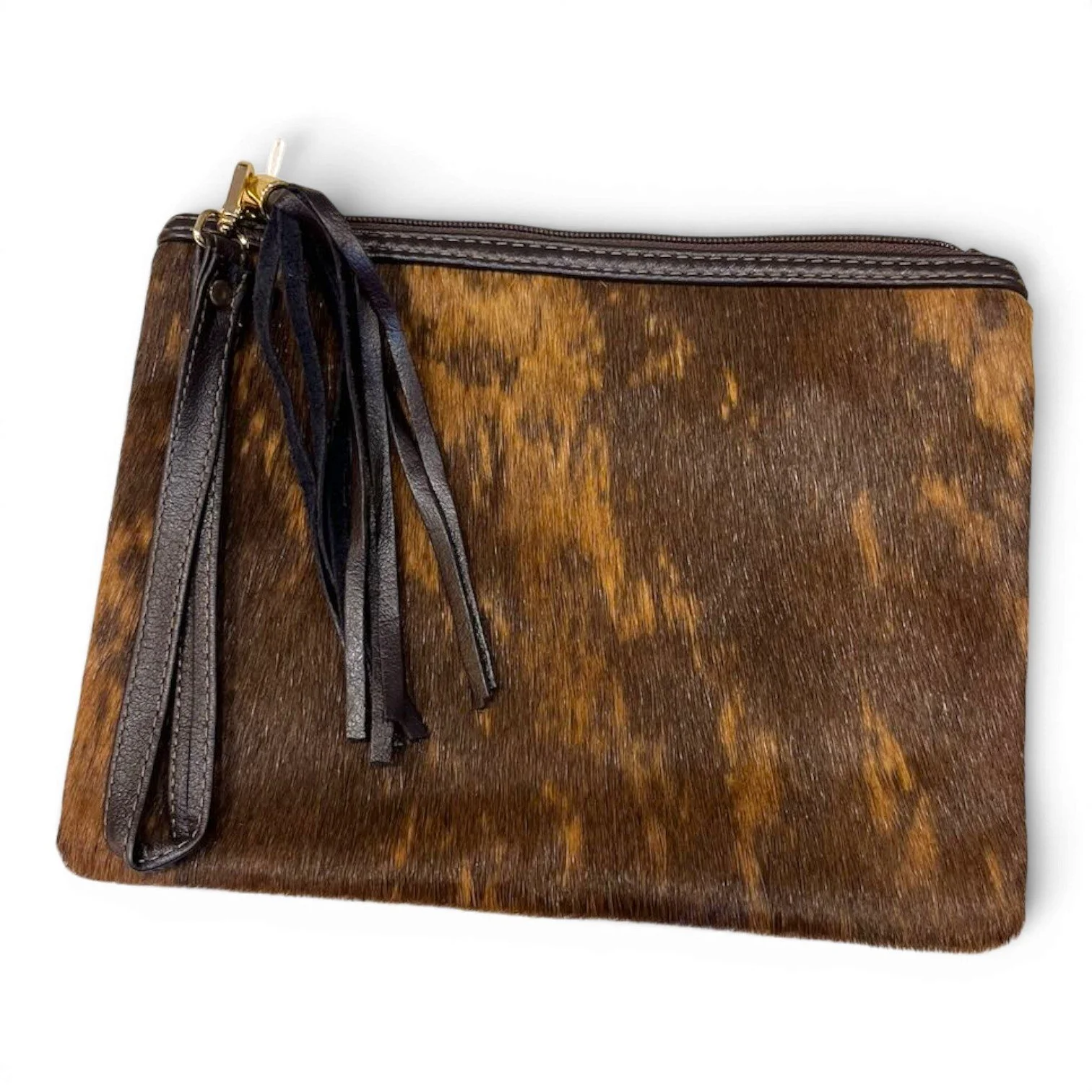 Handmade Brazilian cowhide clutch with fringe detailing, zipper closure, and wrist strap