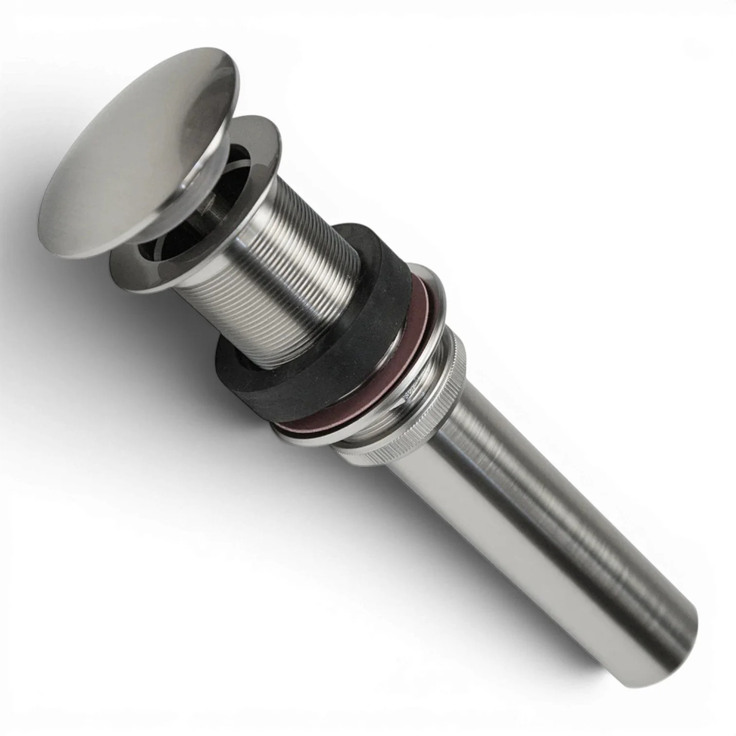 1.5-inch brushed nickel non-overflow pop-up bathroom sink drain made of solid brass for vessel sinks.