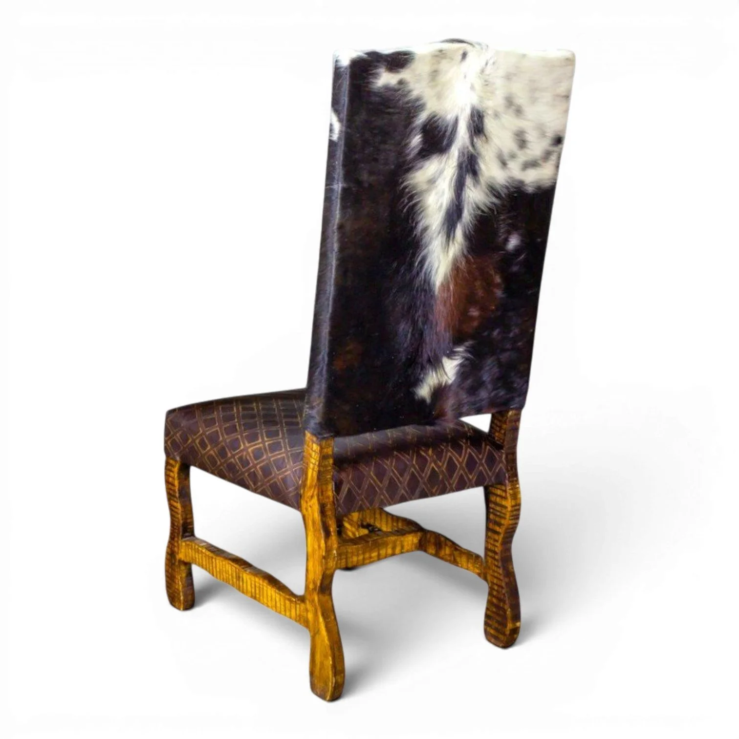 Handmade Mexican reclaimed wood dining chair with Diamond Chocolate leather and genuine cowhide back