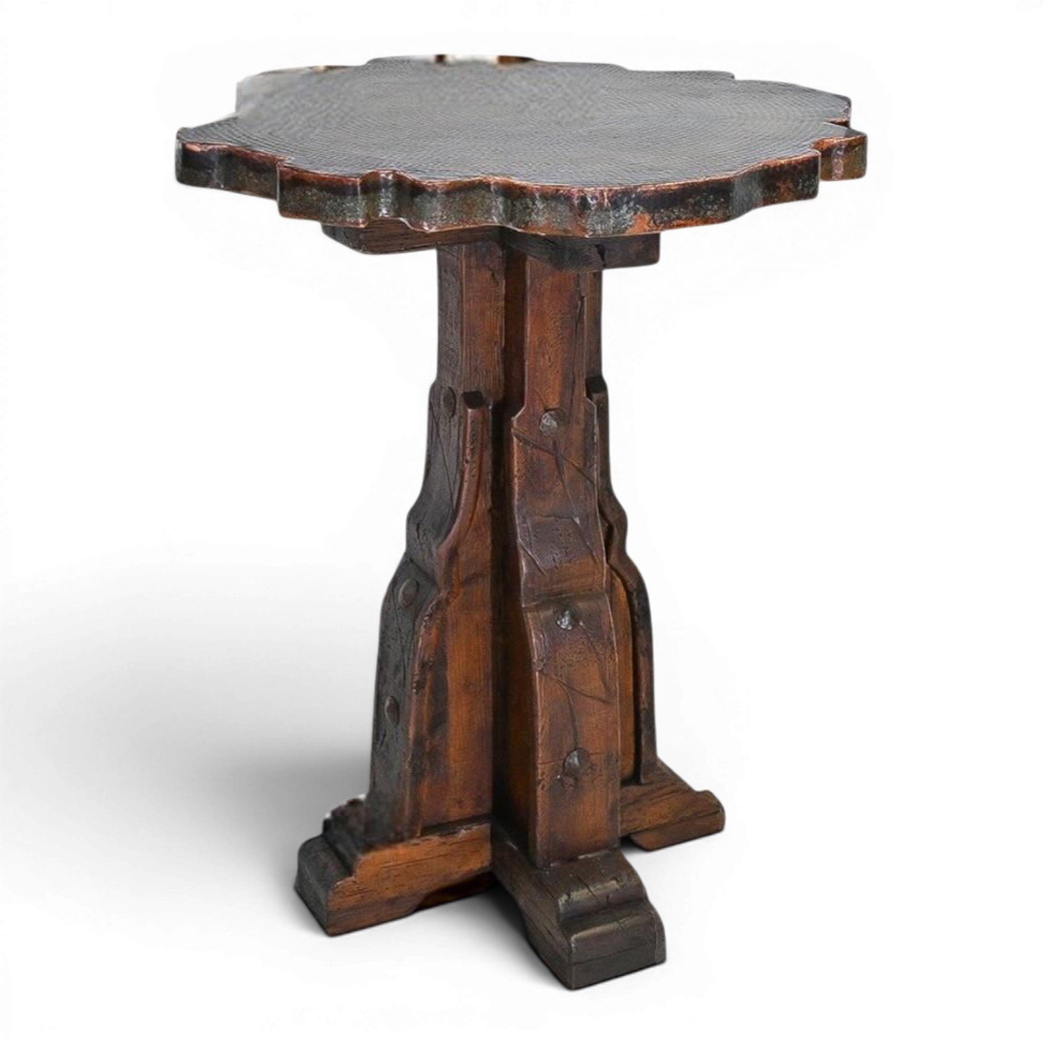 Handmade Mexican Tabasco bar table with verdigris hand-hammered live edge copper top and carved solid wood pedestal base.