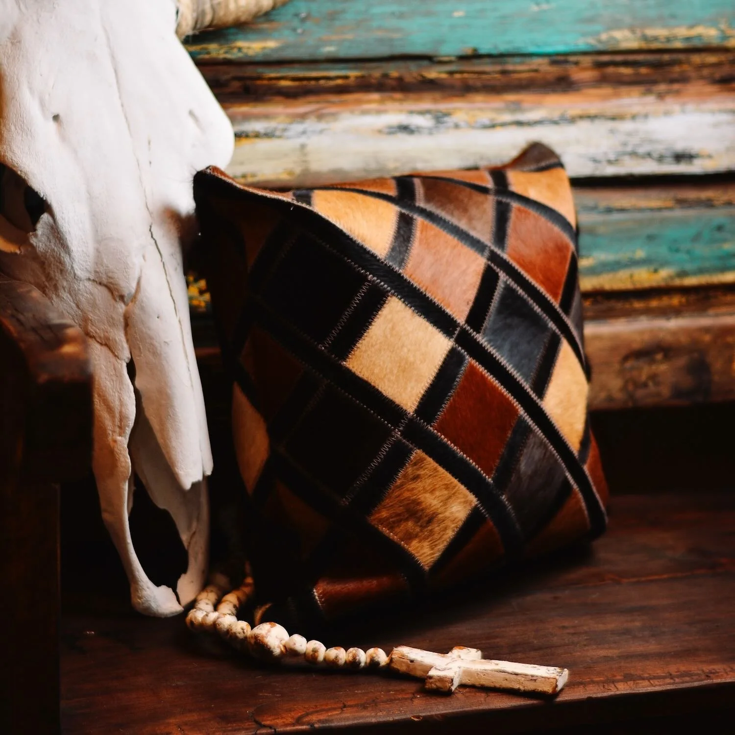 Handmade Brazilian Tombstone Pillow featuring cowhide and leather Western design, 18x18 decorative throw pillow.