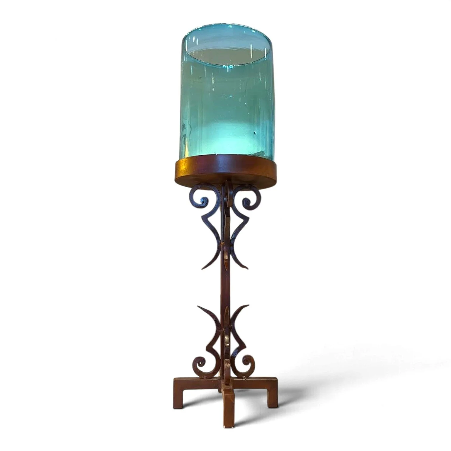 Handmade wrought iron candelabra with turquoise hand-blown glass cylinder