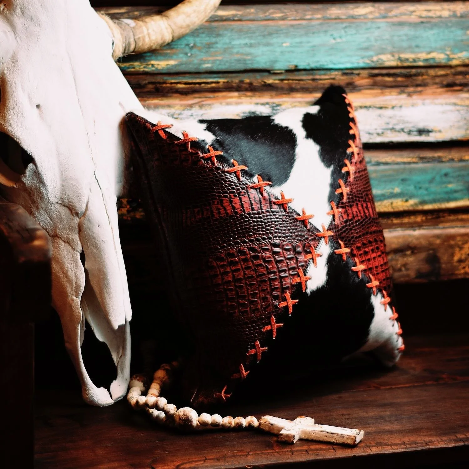 Handmade Brazilian Tombstone Pillow featuring cowhide and leather Western design, 18x18 decorative throw pillow.