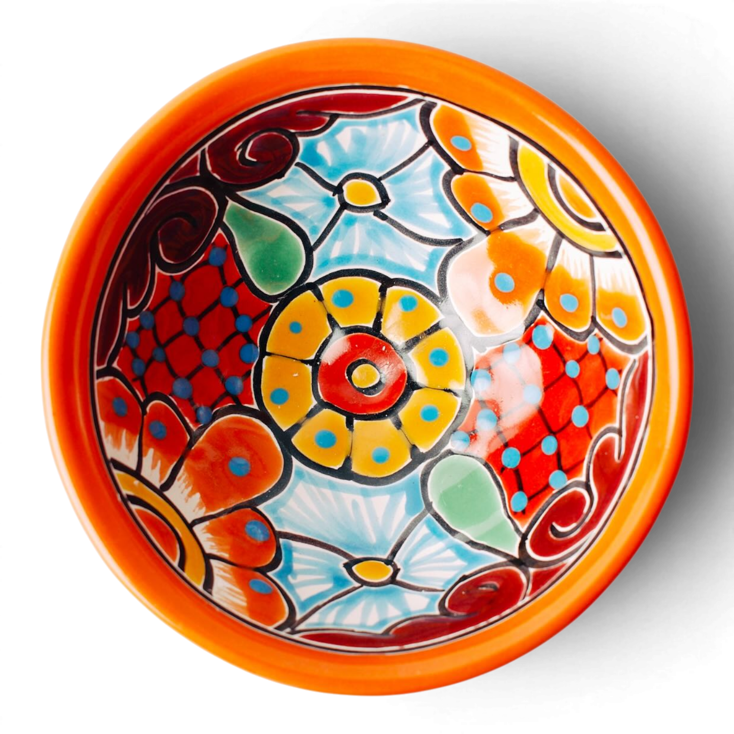 Handmade Mexican Talavera molcajete bowl with colorful hand-painted design and three-legged base