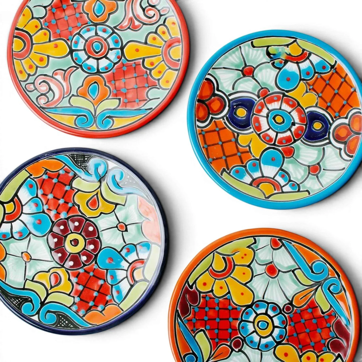 Handmade Mexican Talavera 8-inch dinner plate with colorful hand-painted design and assorted rim colors