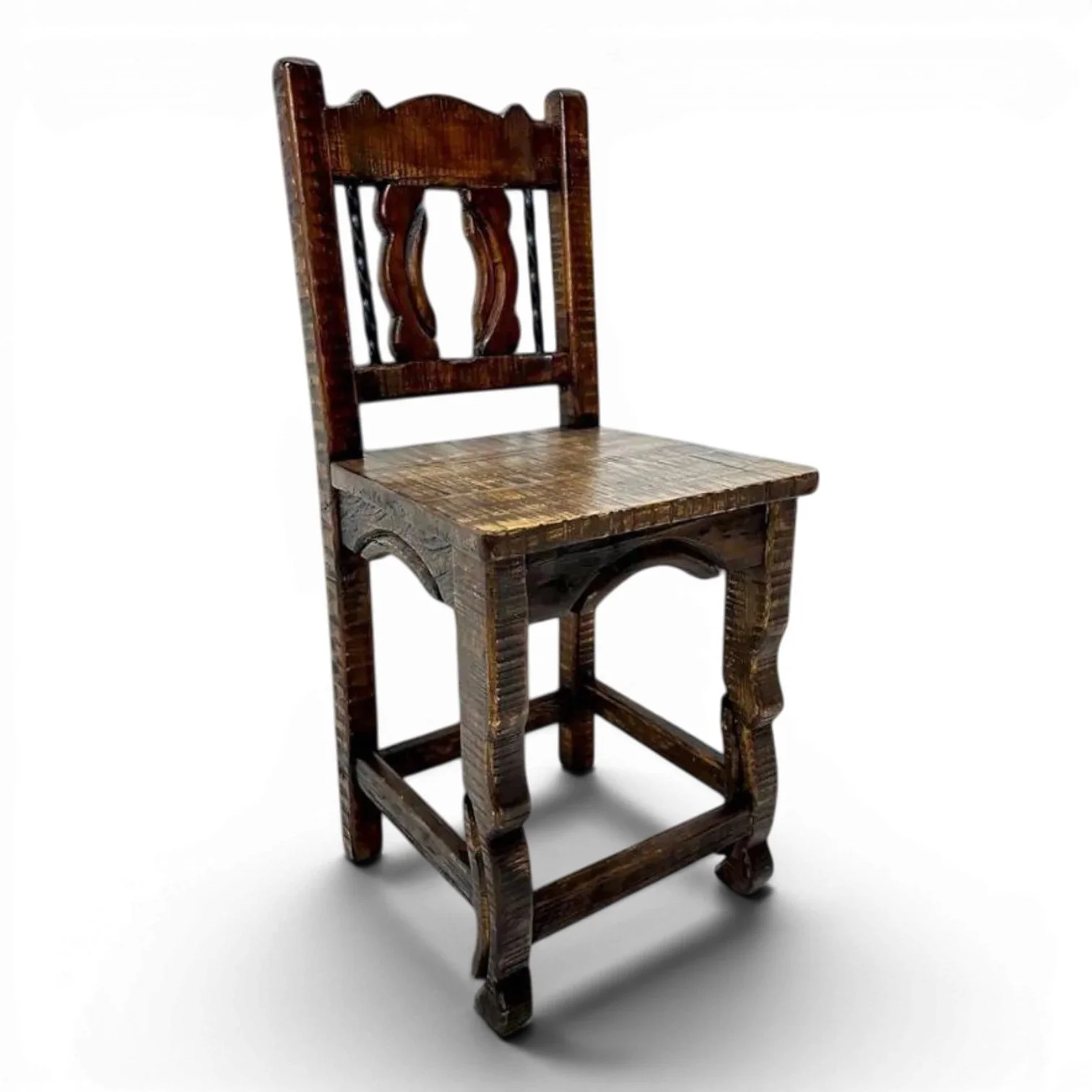 Handmade Mexican San Juanito bar stool with yoke-style backrest, twisted iron accents, carved legs, and dark stained finish