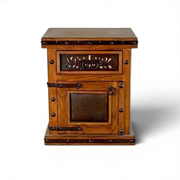 Handmade Herradura tooled leather nightstand with perforated leather panels, iron hardware, clavos, and rich dark wood finish.