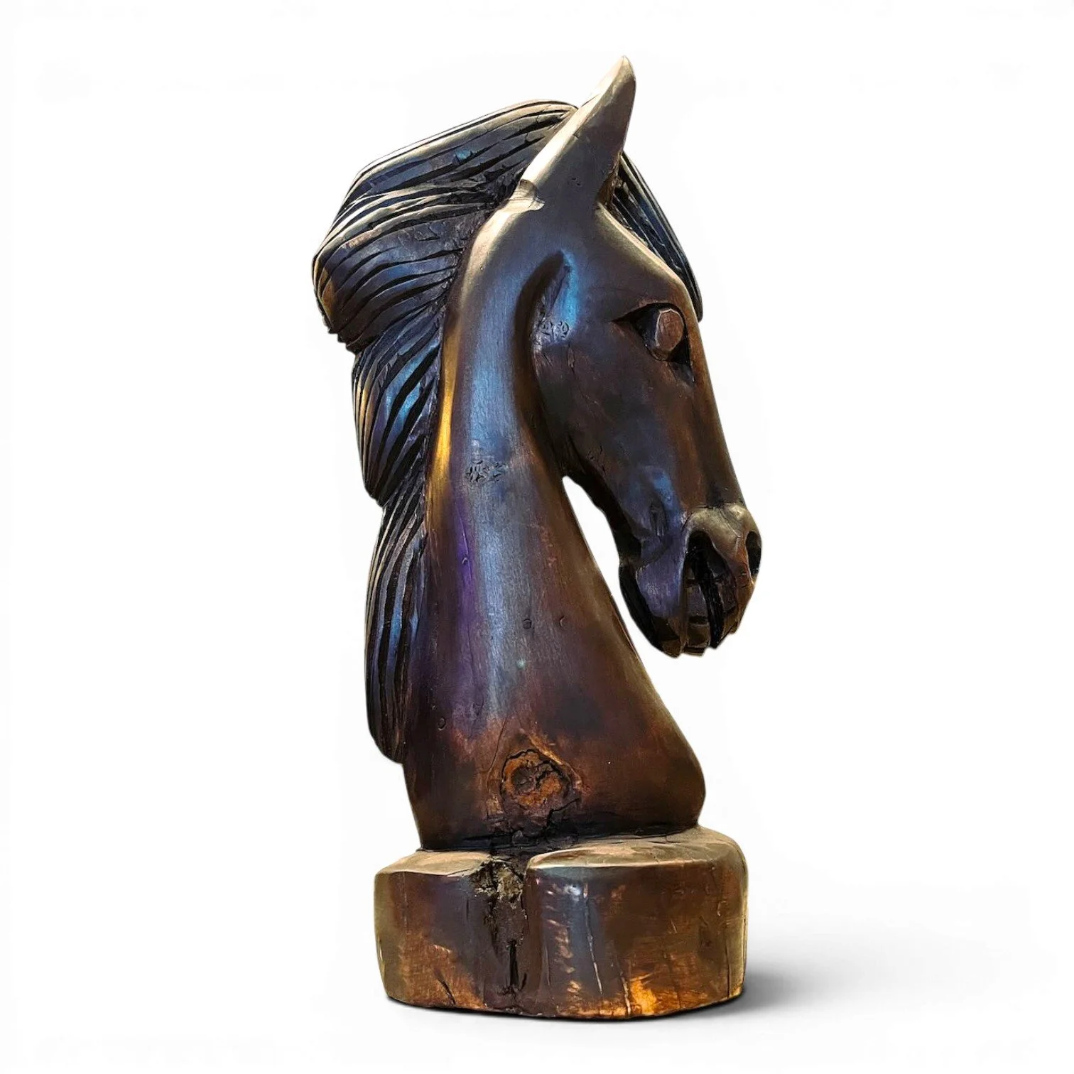 Hand carved Caballo de Madera wooden horse sculpture from Mexico with knight chess-inspired base and rich dark stain finish.