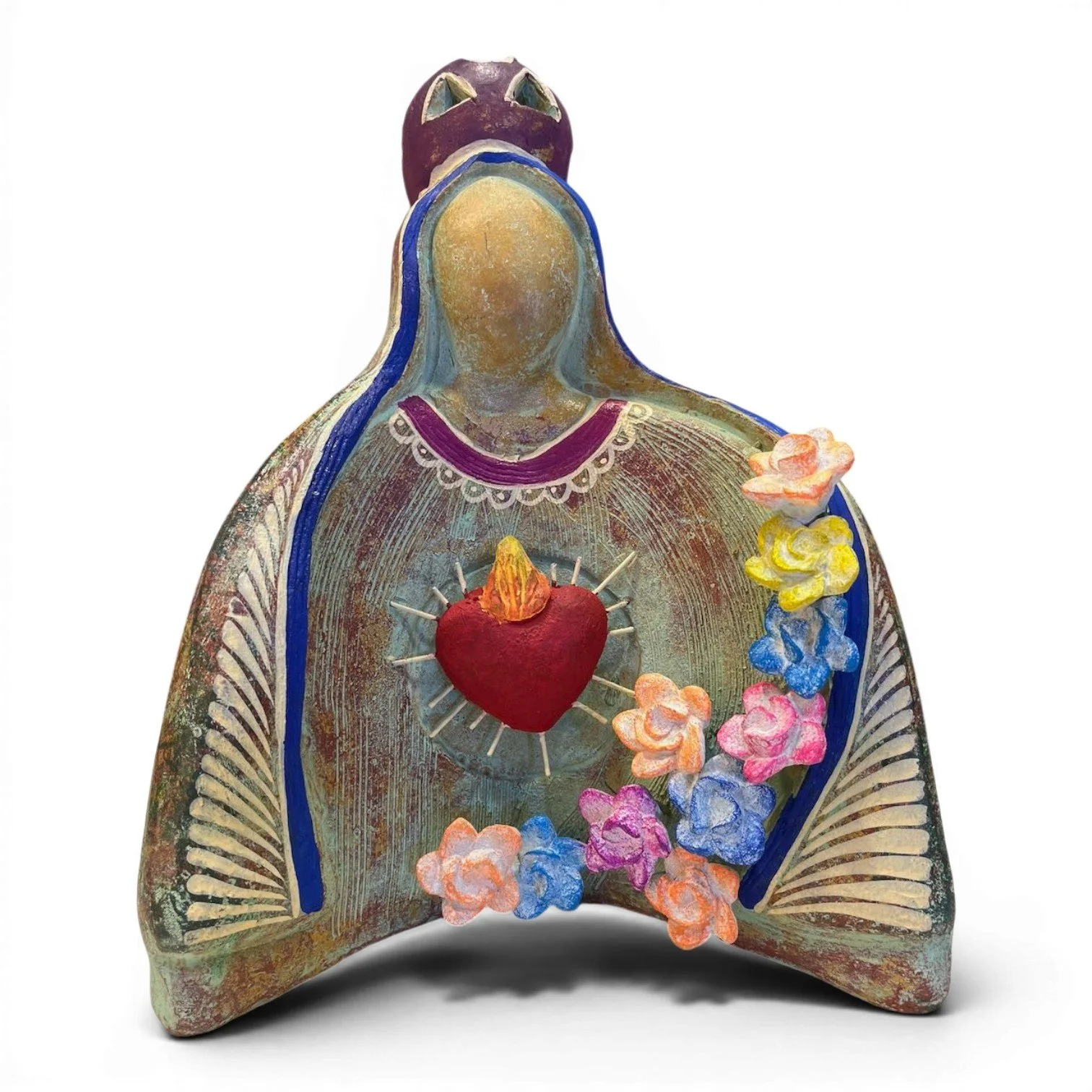 Handmade Mexican clay sculpture of the Virgin Mary with Sacred Heart and flowers