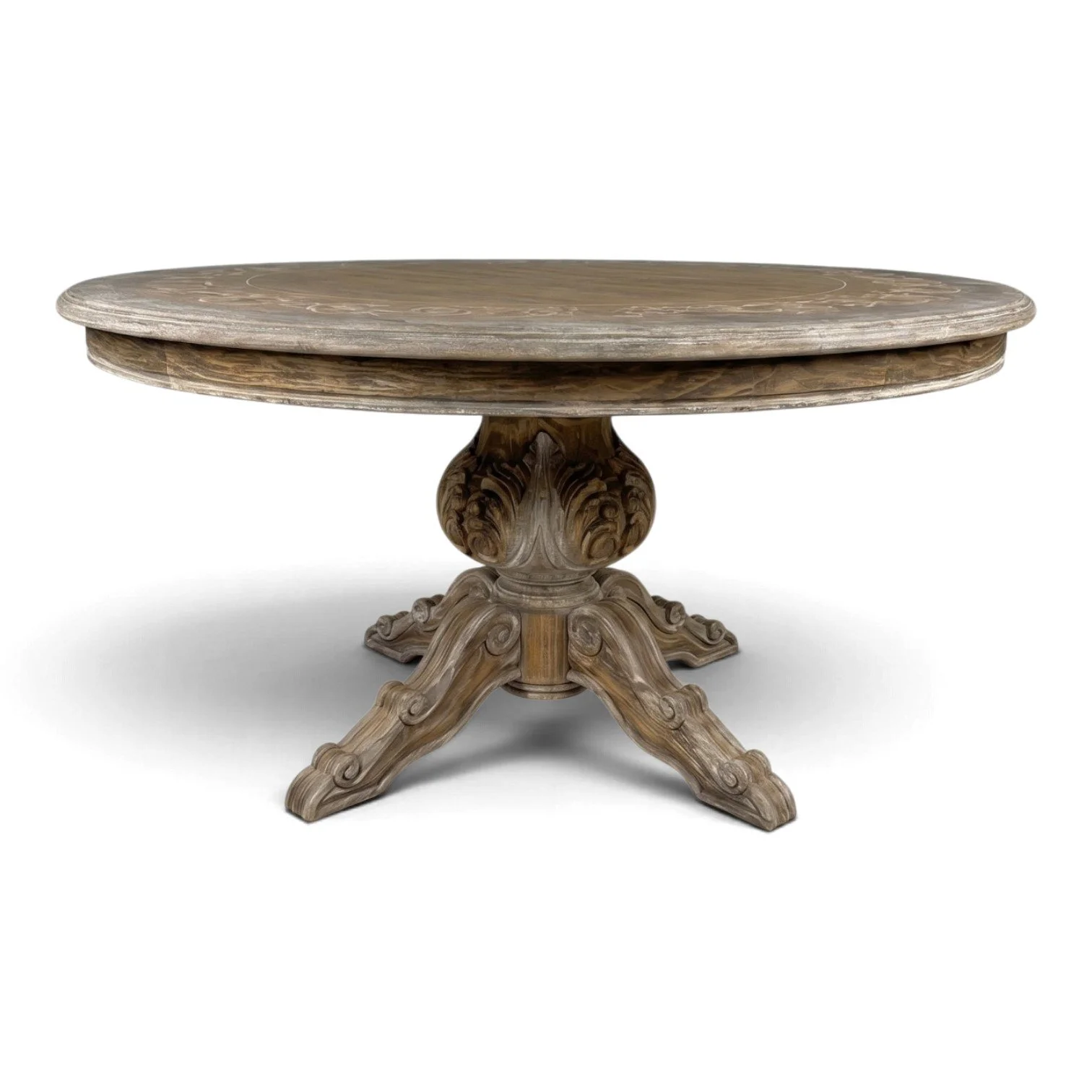 Handmade round whitewash dining table with carved pedestal base