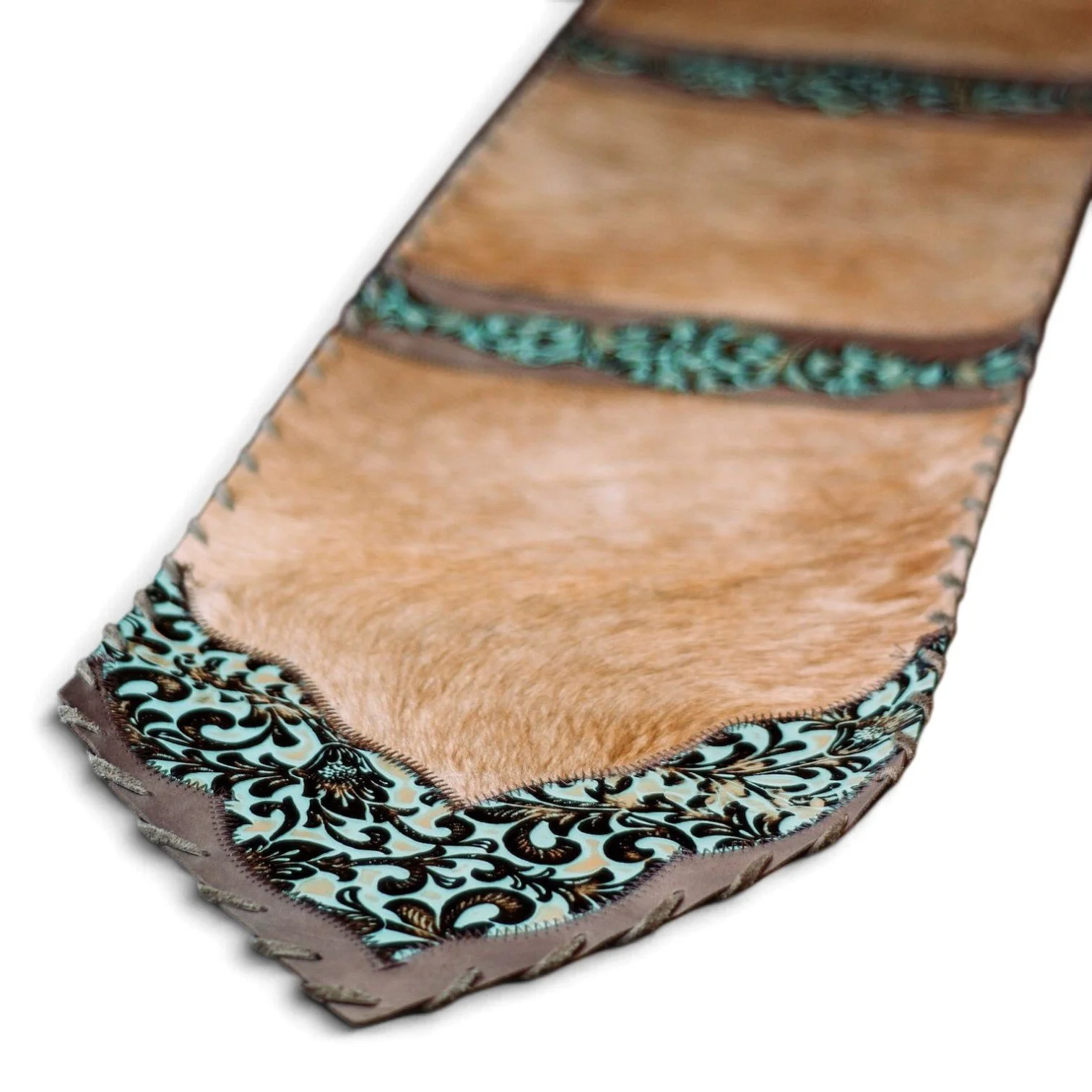 Handmade Brazilian cowhide table runner with tooled leather.