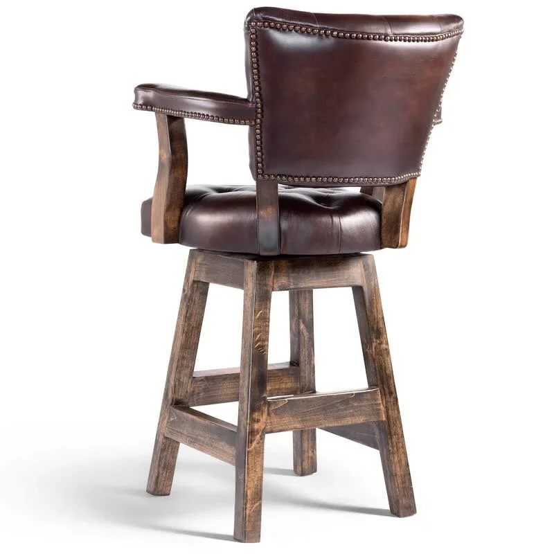 Handcrafted Big Country Western leather bar stool with top-grain leather upholstery, solid hardwood frame, and decorative nailhead trim.