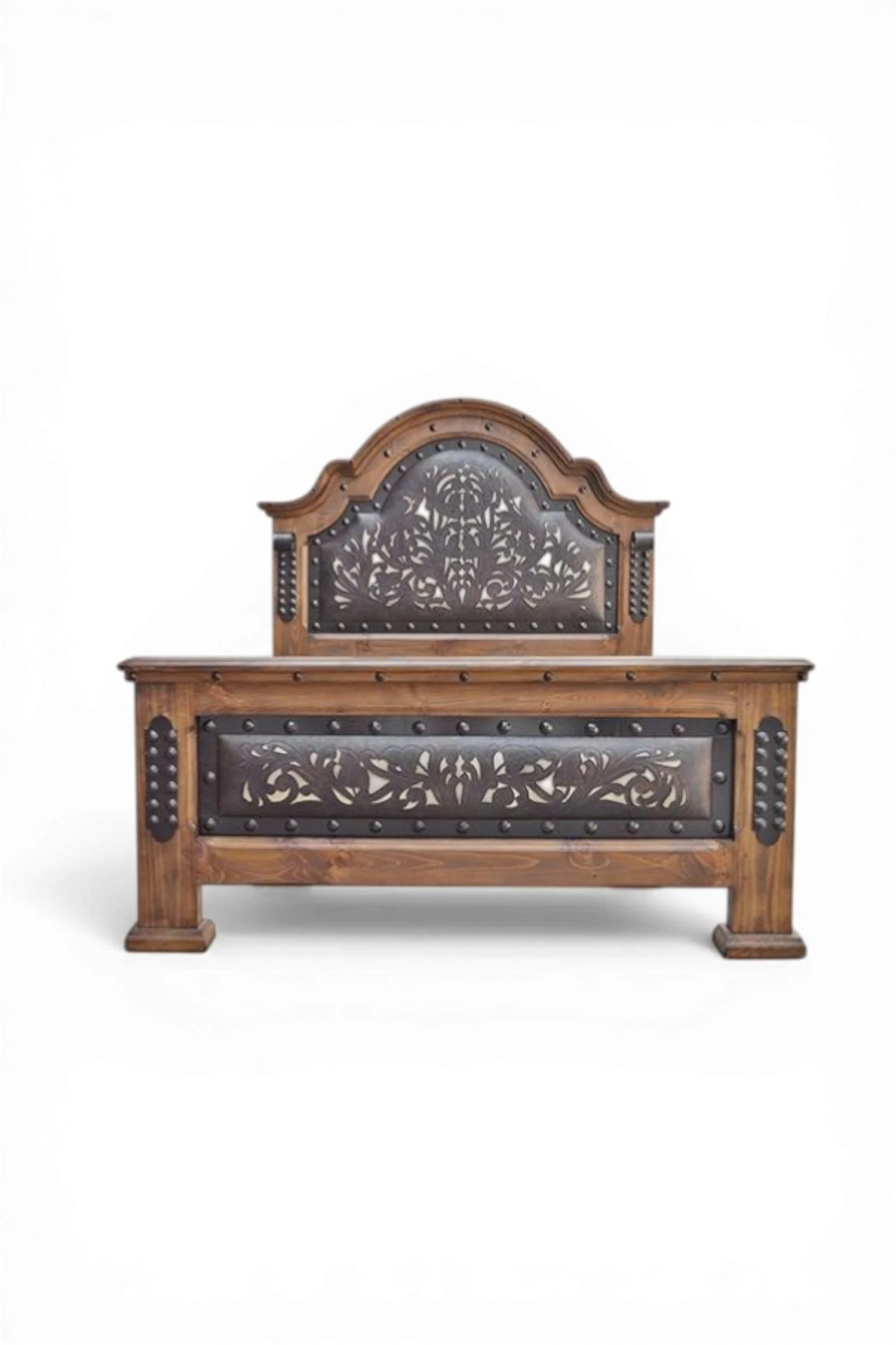 Shop a handmade tooled leather bed from Mexico. Rustic hacienda-style bed with carved wood, iron accents, and artisan craftsmanship.