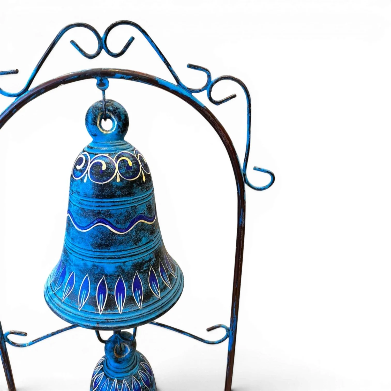 Handmade Mexican blue clay double bell on rustic metal stand
