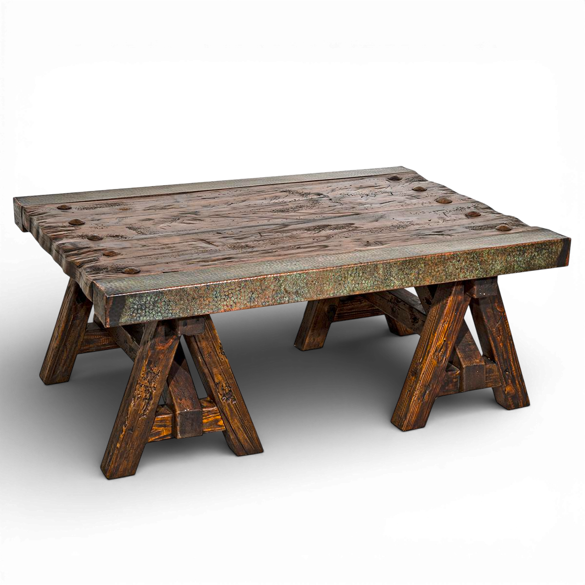 A rustic wooden table with a dark wood finish, supported by four angled legs, set against a black background.