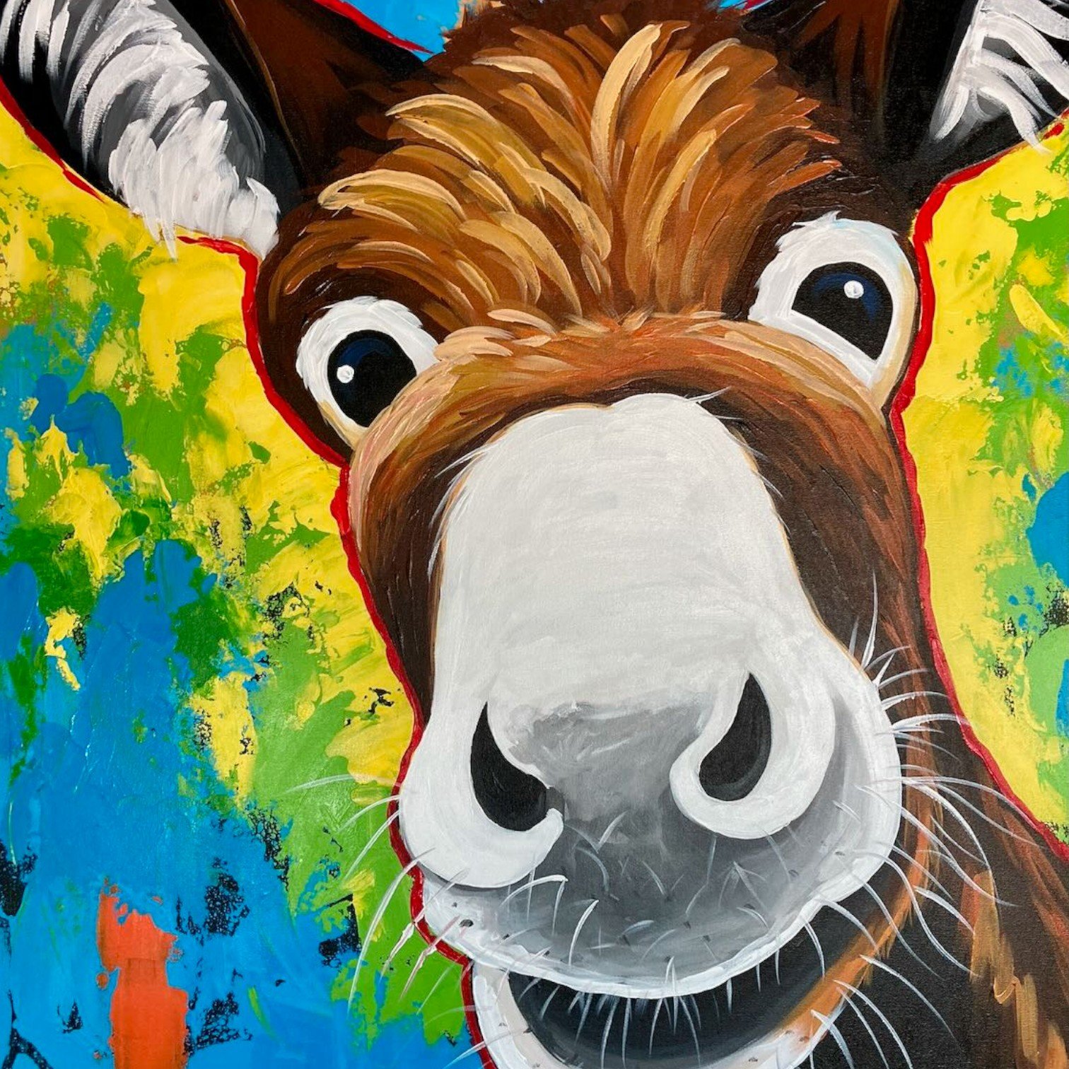 Hand-painted Mexican El Burro Bailador dancing donkey canvas artwork with vibrant colors and cheerful expression