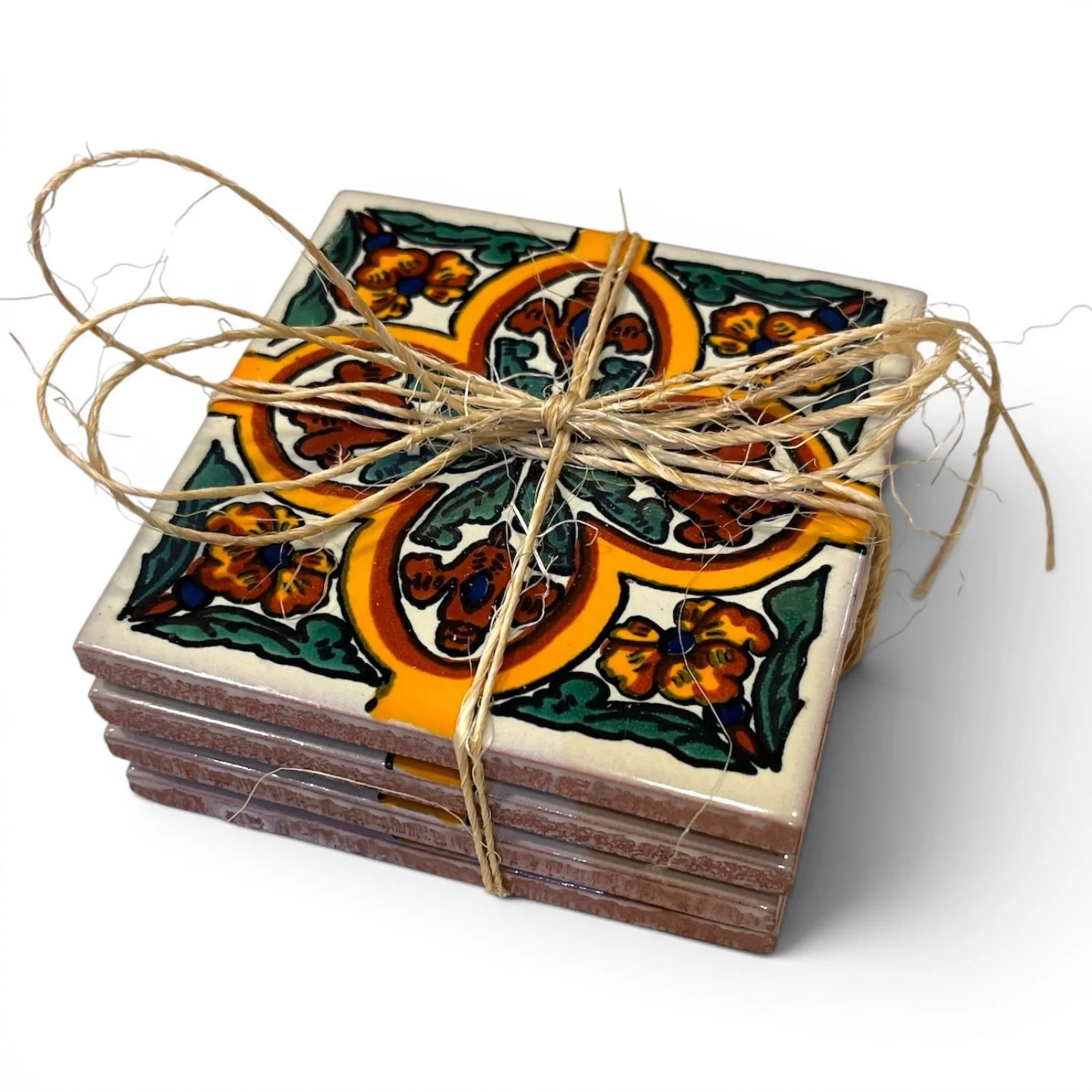 Handmade Talavera tile coaster set from Mexico featuring four colorful ceramic coasters with protective rubber bumpers.