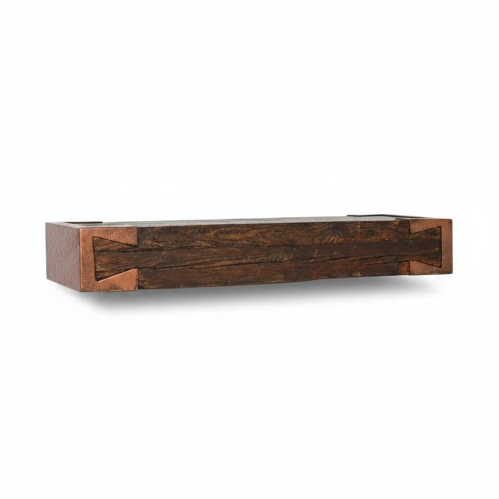 Handmade El Naranja Cobre entry table with solid beam wood construction and copper-wrapped legs crafted in Mexico.