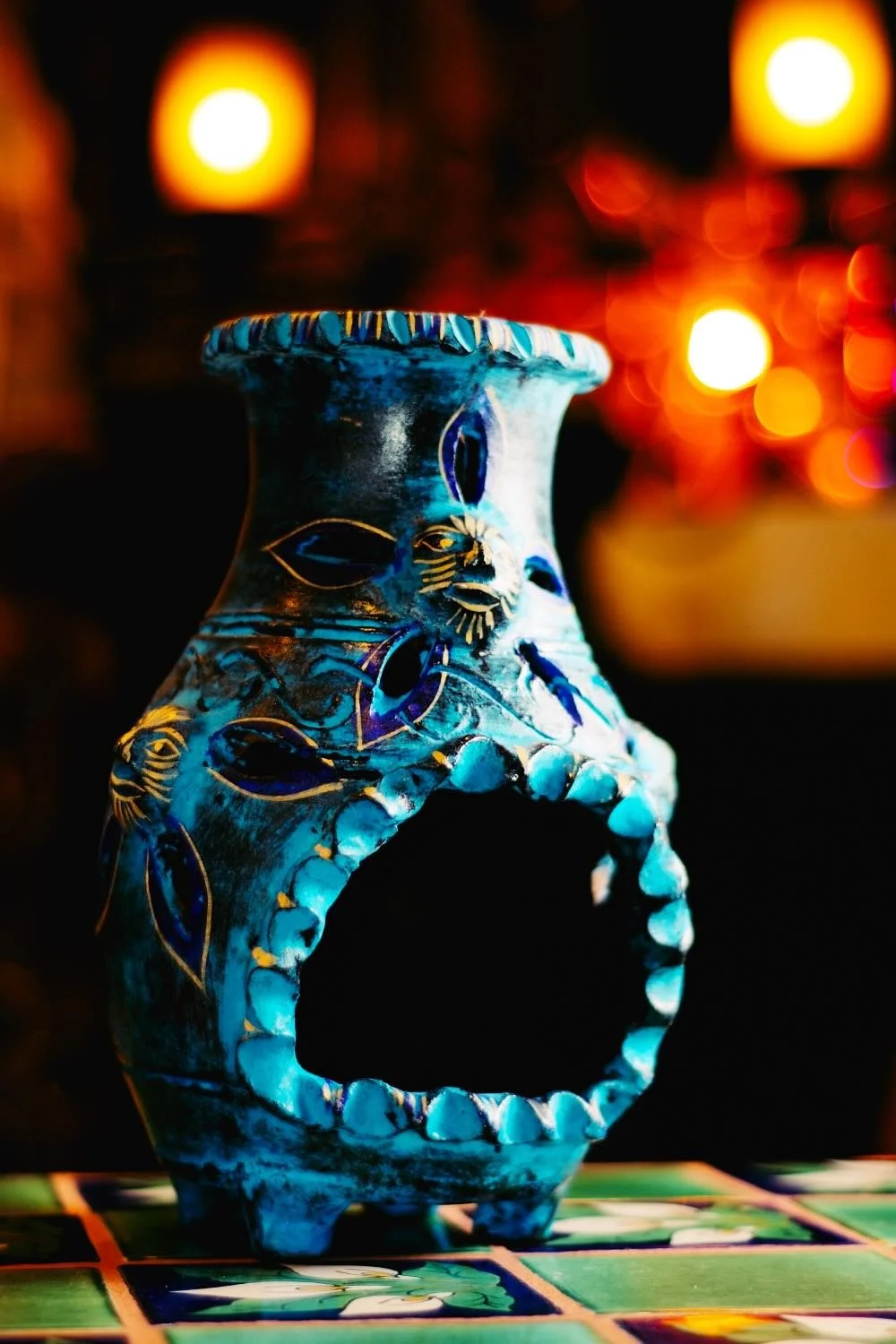 Blue mini chiminea with sun motif from Mexico