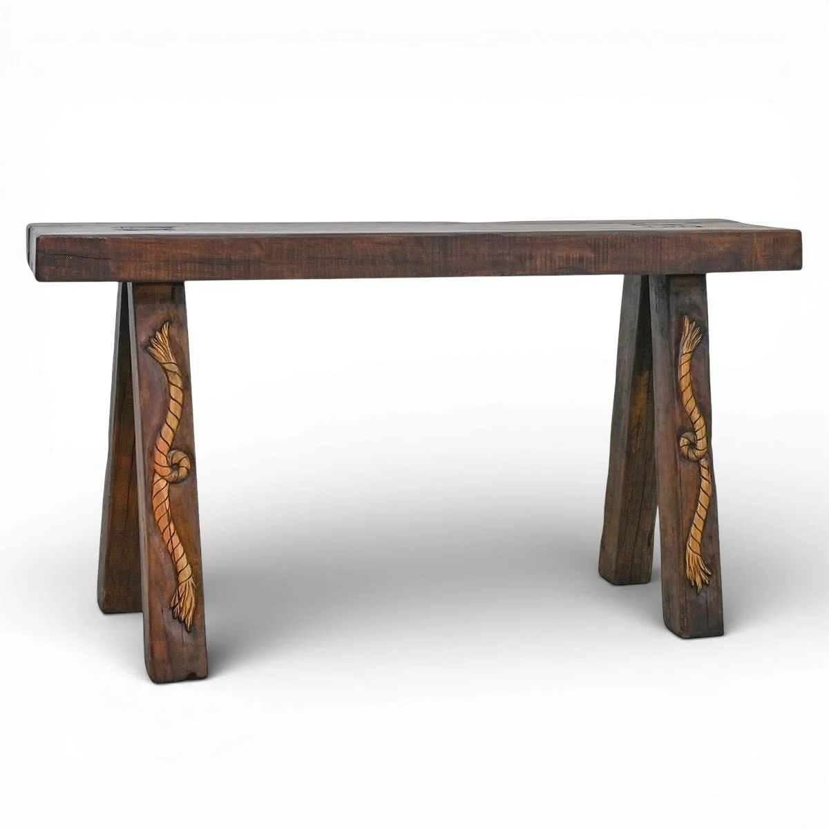 Handmade Durango carved console table with rope motif, rich dark stain, and canted legs crafted in Mexico.