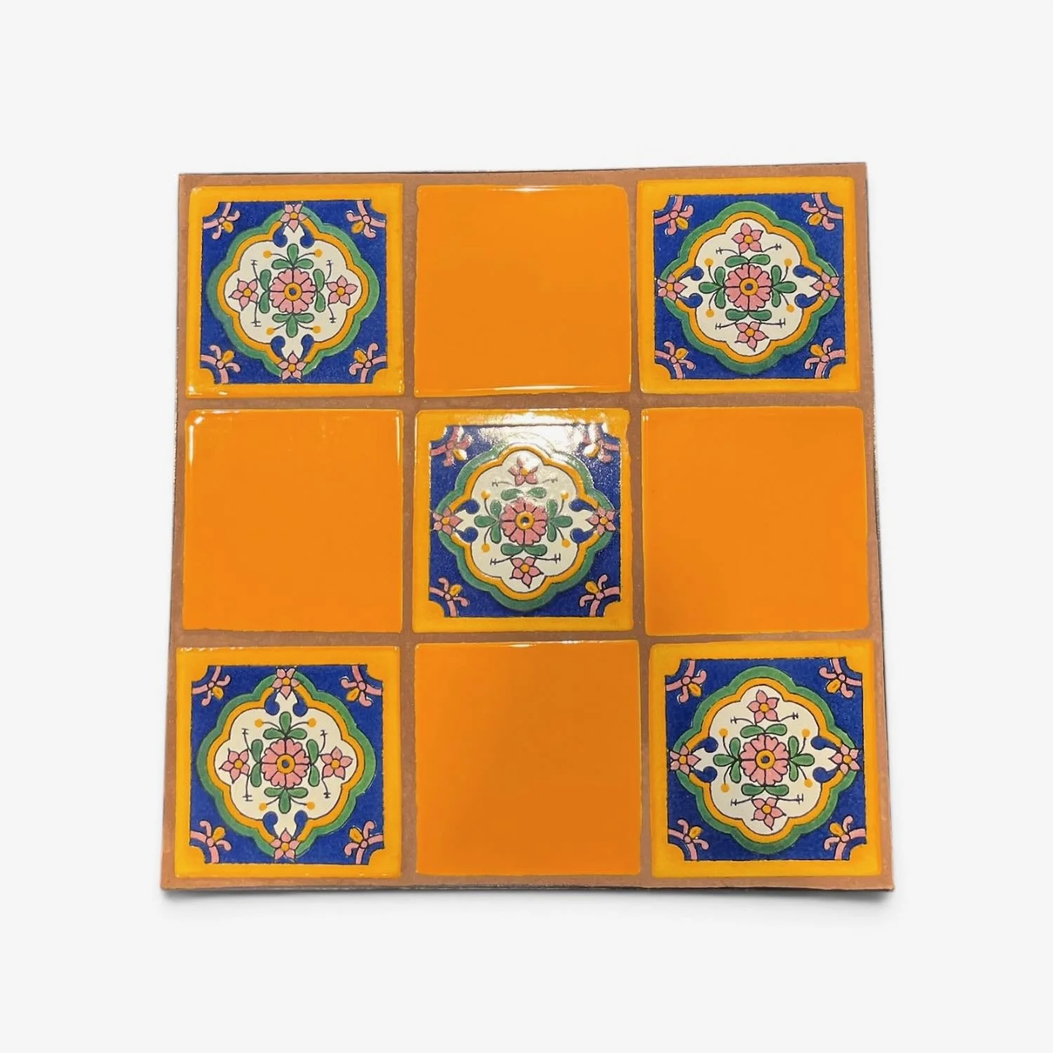 Handmade Talavera Nine Tile Table with colorful Mexican ceramic tiles and twisted wrought iron legs.