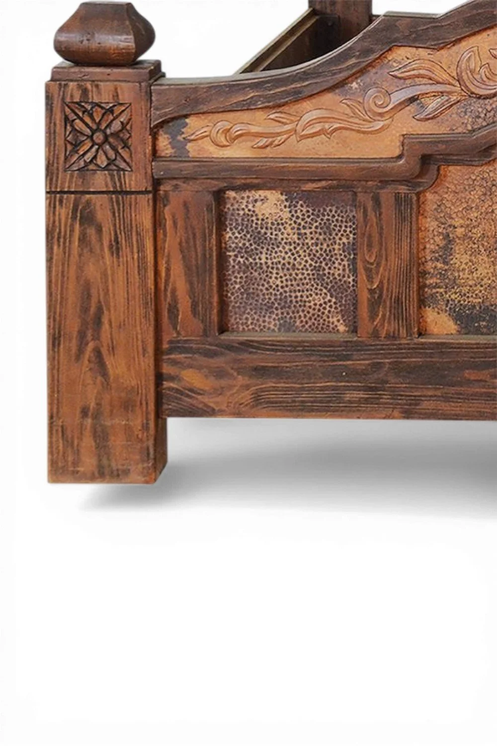 Shop a handmade copper bed from Mexico. Rustic wood frame with embossed copper panels and artisan craftsmanship for elegant bedrooms.