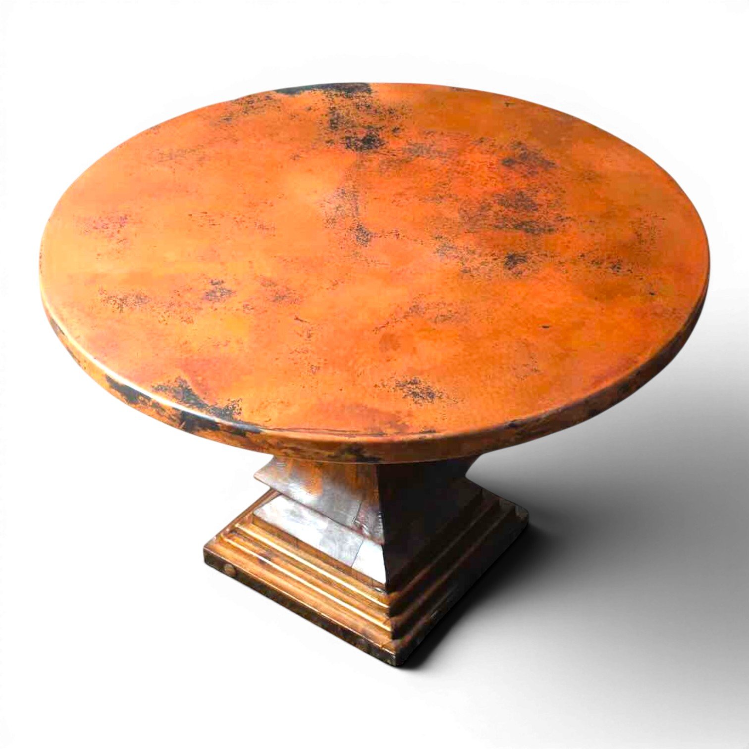 Handmade Mexican round copper dining table with hand-carved reclaimed wood pedestal base