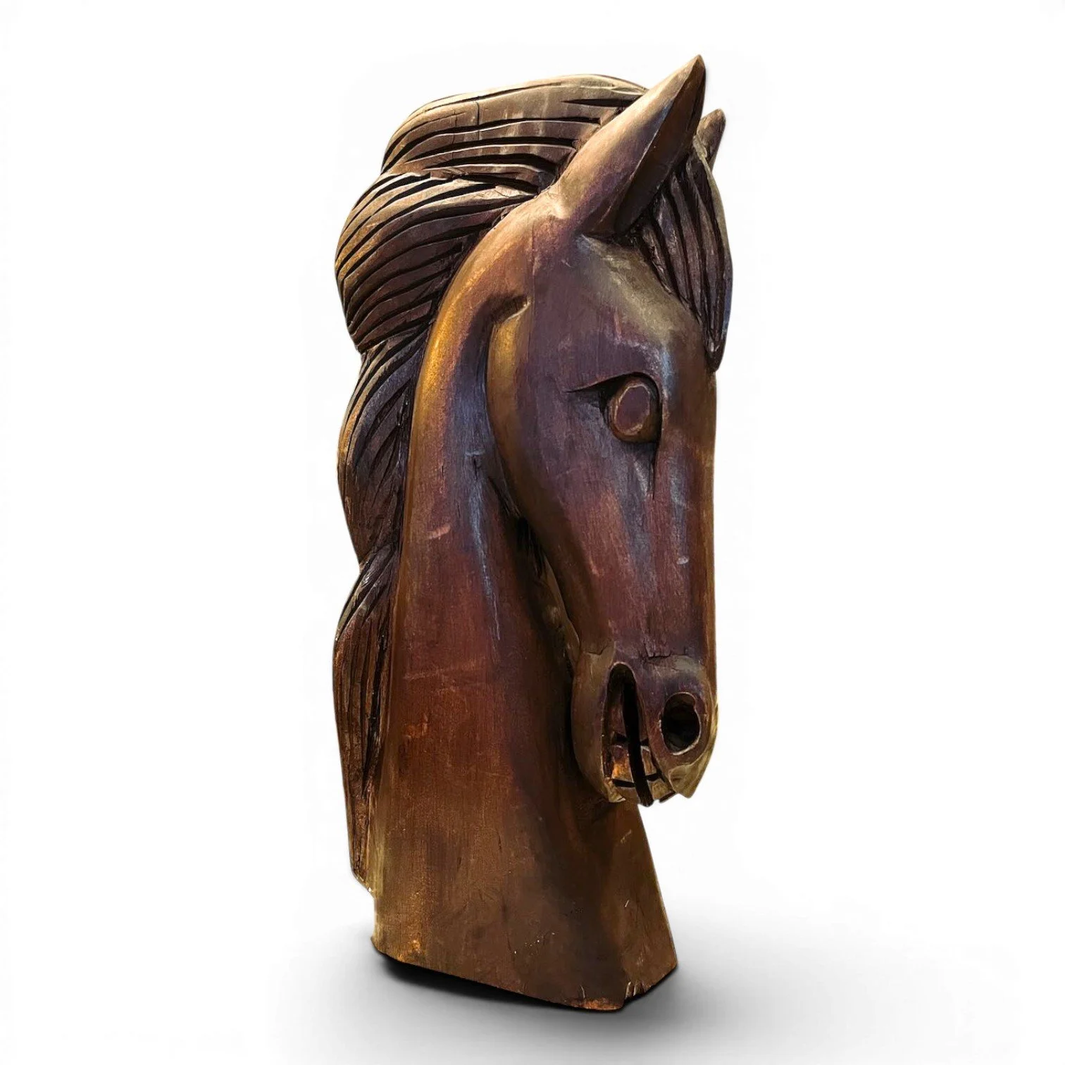 Hand carved Caballo de Madera X-Large wooden horse sculpture from Mexico with rich dark stain and artisan craftsmanship.