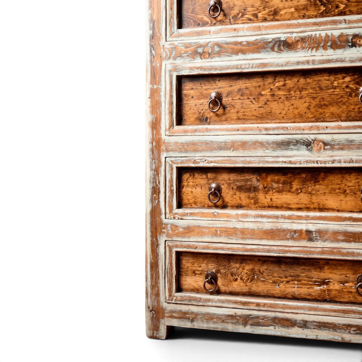 Las Conchas handcrafted Mexican reclaimed wood chest with white wash finish, hand-carved details, and iron hardware