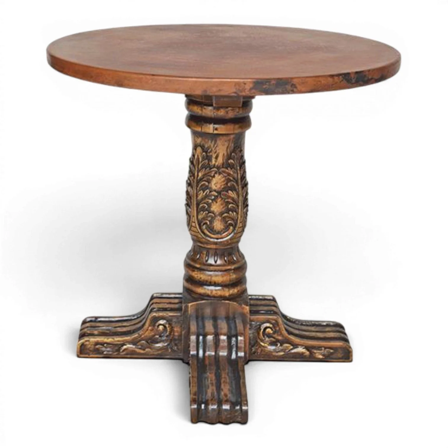 Handmade Mexican La Ventura round copper bar table with hand-pounded copper top and intricately hand-carved solid wood base.