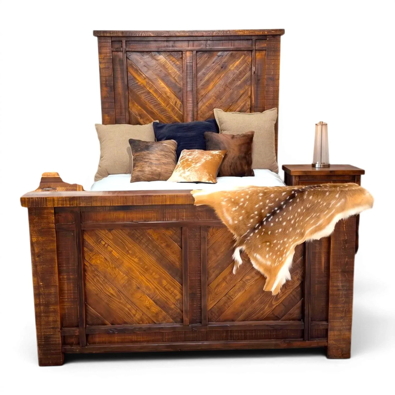Handmade Mexican reclaimed wood Laguna Niguel bed with chevron headboard