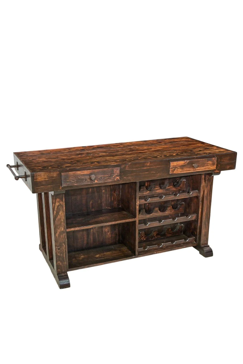 Shop the Montana Kitchen Island handmade in Mexico. Solid wood island with dark stain, iron hardware, wine rack, and spacious storage for rustic luxury kitchen style.