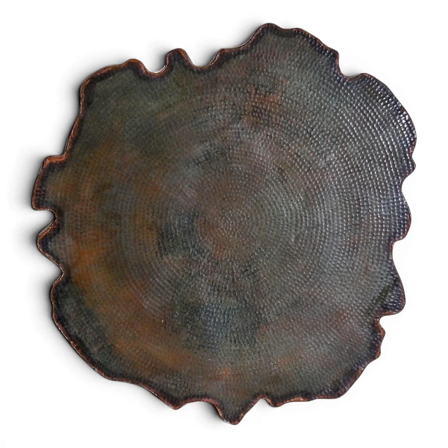 Handmade Mexican Tabasco bar table with verdigris hand-hammered live edge copper top and carved solid wood pedestal base.