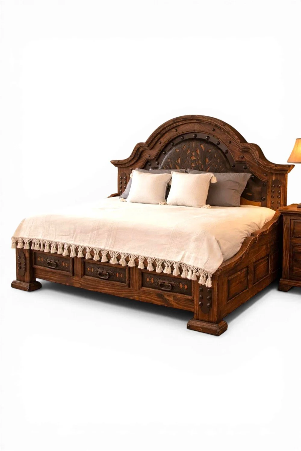 Shop a handmade wooden day bed from Mexico. Rustic hacienda-style design with carved details and iron accents for versatile home decor.